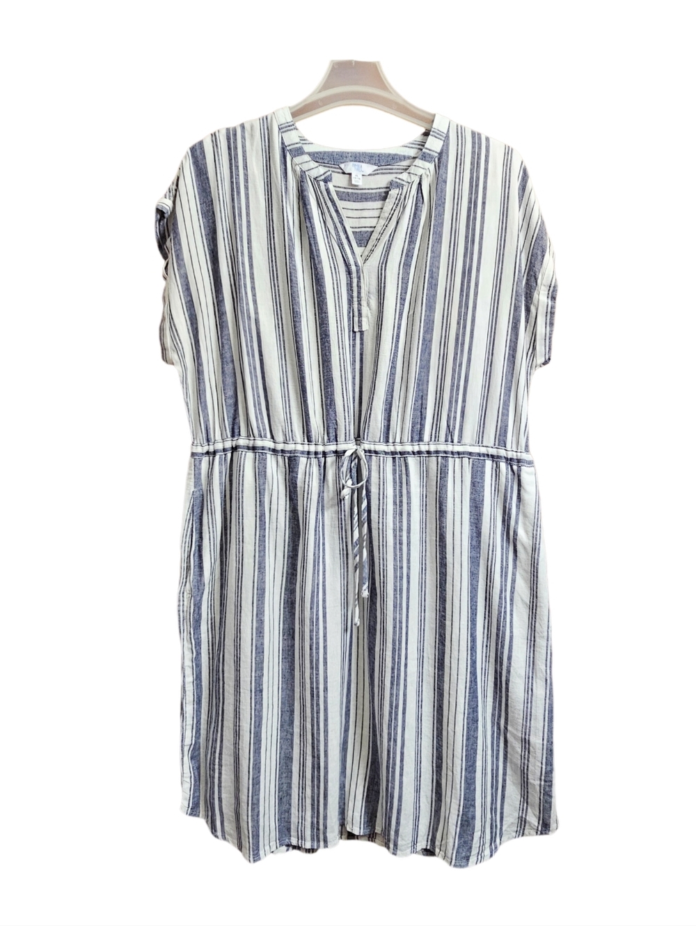 Time & tru womens v neck drawstring linen dress striped blue white new xl 16 18